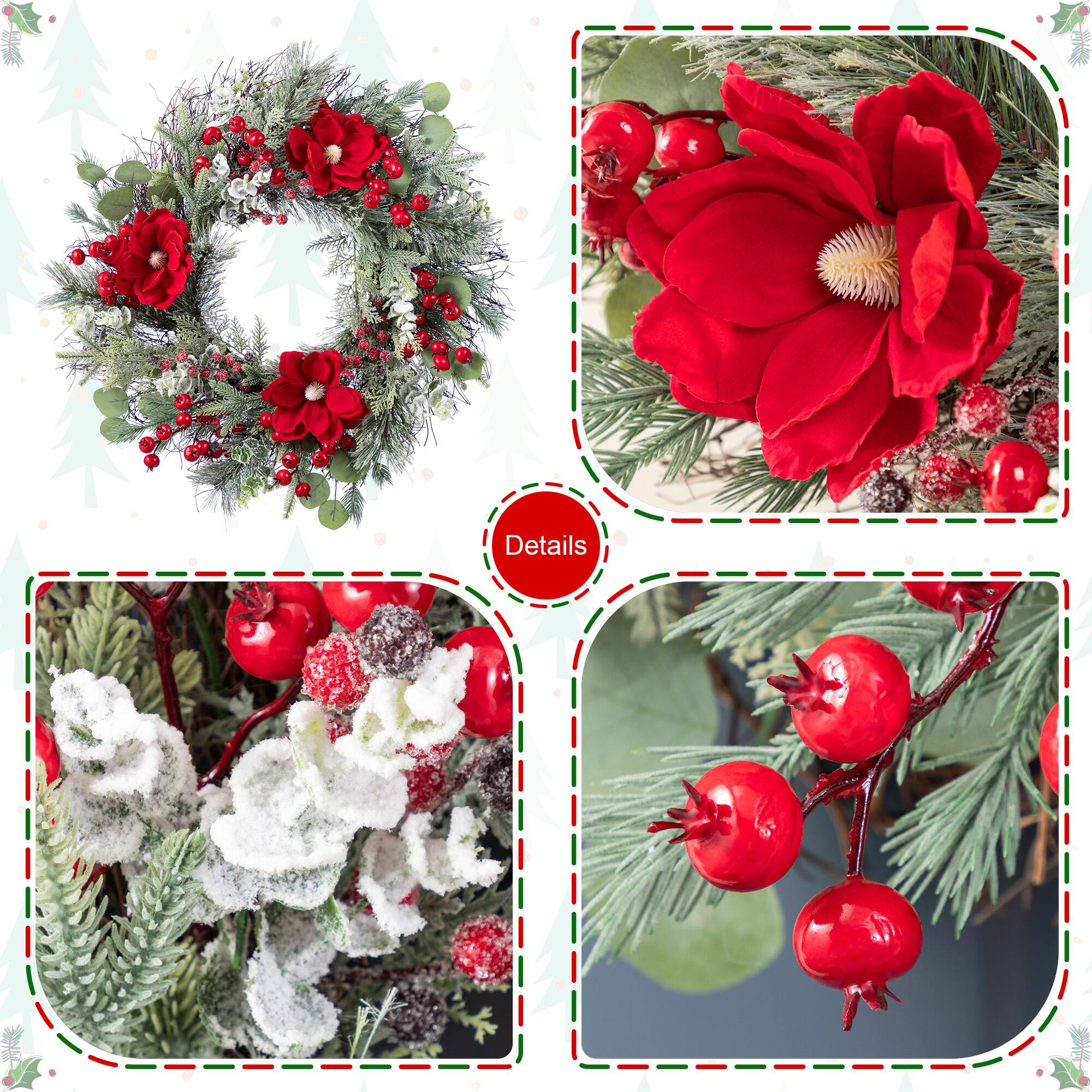 Glitzhome® 24"D Christmas Red Mangnolia & Berry Wreath